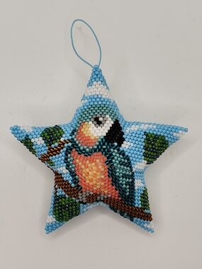 Beaded Parrot Star Ornament in Blue and Green